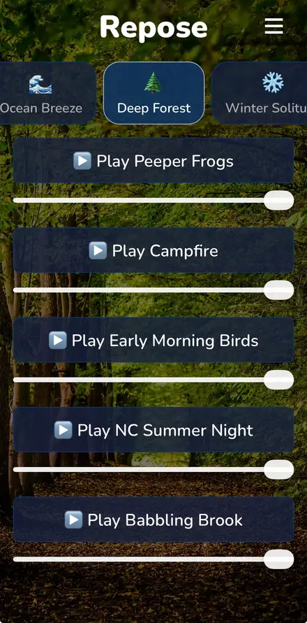 Repose app showing the Deep Forest sound category with frogs, campfire, and birdsong