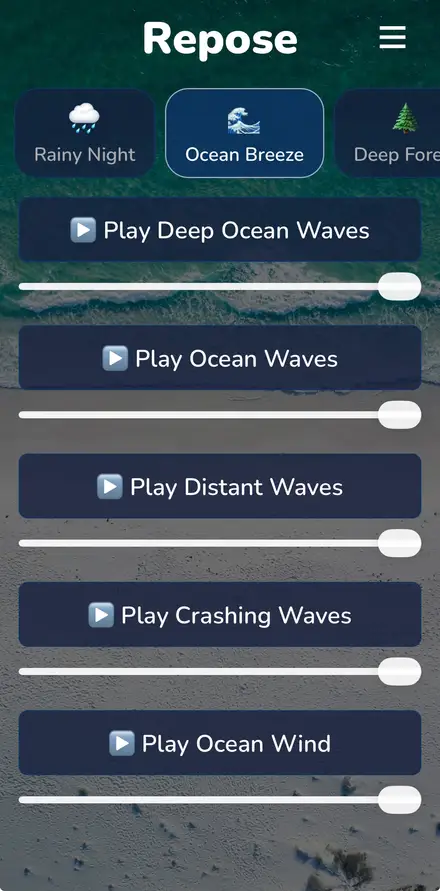 Repose app showing the Ocean Breeze sound category with wave and wind sounds