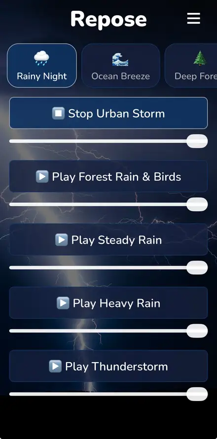 Repose app showing the Rainy Night sound category with layered rain and storm sounds