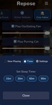 Repose app's sleep timer, with 15, 30, 60, and 90 minute presets