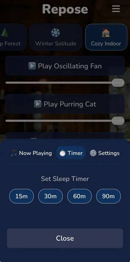 Repose app's sleep timer, with 15, 30, 60, and 90 minute presets