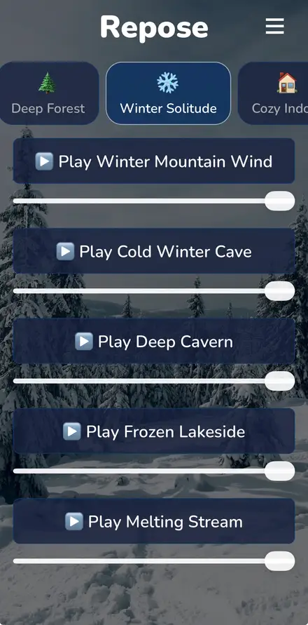 Repose app showing the Winter Solitude sound category with wind and a frozen lakeside